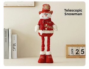 Detail of retractable plush snowman doll featuring red sequin hat and Nordic knit sweater