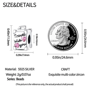 Size details of S925 silver travel charm bead with pink zircon and 25-cent coin comparison