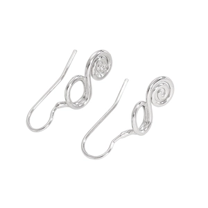 Detail view of silver geometric spiral hoop earrings with classic fishhook ear wires
