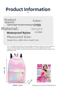 Size chart showing lightweight waterproof nylon backpack with 43x29x12cm dimensions