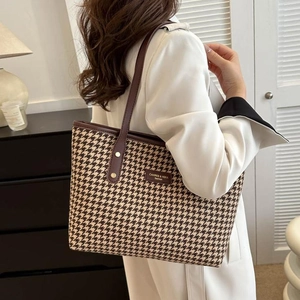 Vintage Houndstooth Tote Bag Woven Fabric PU Leather Large Capacity Contrast Color Commuter Shoulder Handbag For Women