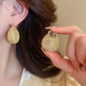 Vintage Oval Hollow Out Woven Mesh Hoop Earrings Copper Gold Plated Silver Earring Post Geometric Jewelry For Women