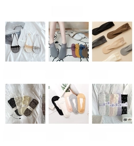 Collage of lace trim socks and mesh crew socks in various colors for women