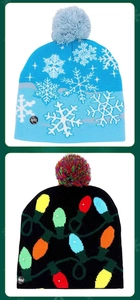 Detail view of the ON/OFF switch and integrated LED lights on colorful Christmas beanies