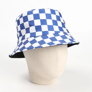 Detail of blue and white checkered bucket hat on a mannequin head, flat top canvas style