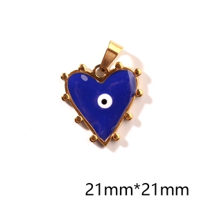 Detail of blue enamel heart evil eye pendant with 21mm size dimensions in gold plating