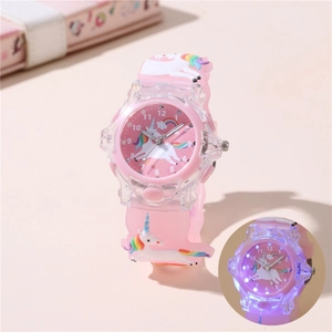 Orologio rosa per bambini con unicorno 3D e retroilluminazione LED viola brillante