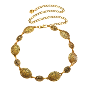 Bohemian retro gold metal waist chain with engraved oval plates and floral pendant