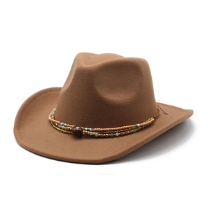 Brown felt western cowboy hat featuring multi-color beaded bands and rolled brim design
