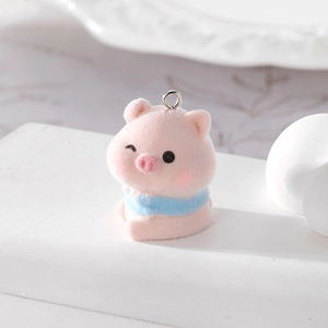 Cute pink flocked pig pendant with blue scarf and metal ring for DIY jewelry making