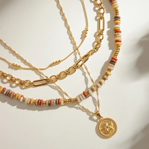 Layered Necklace Stainless Steel Natural Stone Beads Angel Pendant Multi Layer Waterproof Hypoallergenic Gold Women