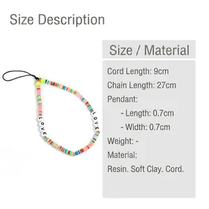 Colorful handmade polymer clay phone lanyard with LOVE letters and golden beads