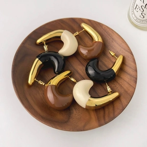 Bicolor Teardrop Earrings Gold Plated Copper Resin Minimalist Geometric C Shaped Jewelry For Women Vintage