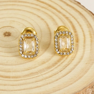 Double-layered gold stainless steel square stud earrings with pave zircon on wood