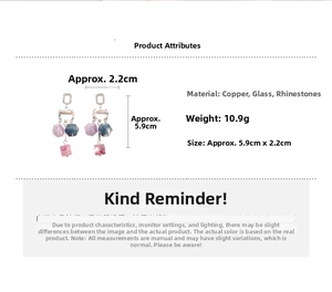 Détails de boucles d'oreilles géométriques avec cristaux, verre, dimensions et poids