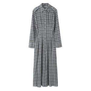 Kariertes Hemd Maxi Kleid Damen Langarm Knopfleiste Hohe Taille Reverskragen Seersucker Textur Retro Stil