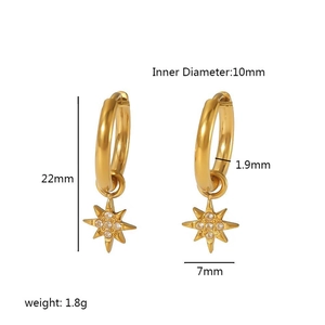 Gold stainless steel star hoop earrings with white zircon accents and size measurements