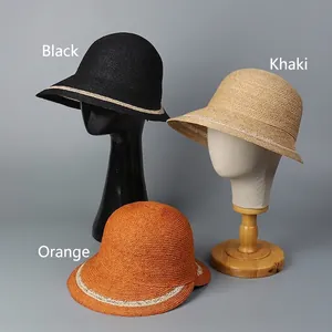 Elegant wide brim raffia sun hat with contrast band in khaki, black and orange