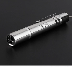 Detail of silver brushed metal cat laser toy with sturdy clip and multi-functional ports