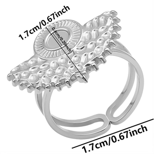 Detailed view of adjustable stainless steel ring with radial fan design and size metrics