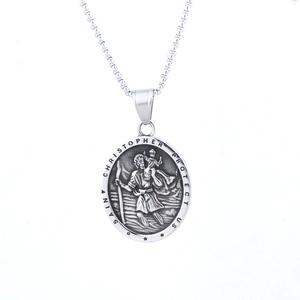 Vintage silver Saint Christopher medallion necklace in stainless steel on white background