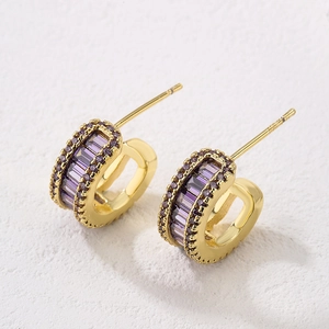 Luxurious C-shaped 18K gold plated earrings with purple emerald-cut zircon stones
