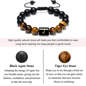 Adjustable 10mm tiger eye and black agate beaded bracelet with gold letter J charm