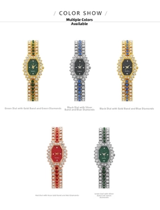 Macro shot of five luxury square quartz watches with rhinestone studded metal bracelets