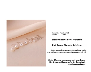 Detail of 925 sterling silver pearl studs in 3mm 5mm 7mm sizes on silk fabric