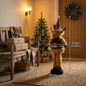 Detail of Highland Cow plush doll with red plaid clothes and adjustable height feature