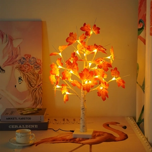Detail of warm LED lights on orange maple leaves with white birch texture trunk