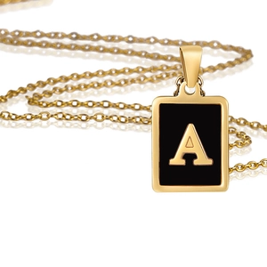 Collier en acier inoxydable plaqué or 18 carats avec pendentif rectangulaire émail noir A