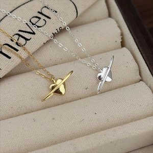 925 Sterling Silver Heart Planet Saturn Ring Necklace 18K Gold Plated Minimalist Dainty Jewelry For Women Daily Wear