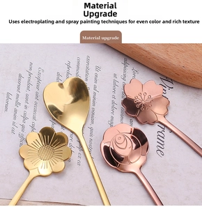Detailed view of long-handle gold flower spoons in heart and rose shapes with metallic finish