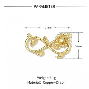 Technical dimensions of infinity flower charm in gold copper with zircon accents