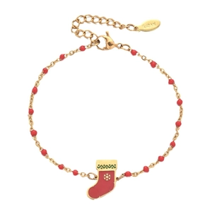Bracelet de Noël avec breloque chaussette, perles rouges et chaîne dorée en acier inoxydable