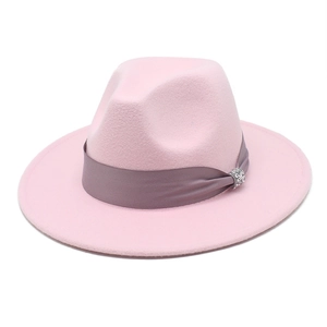 Pink wool fedora hat with a charcoal satin band and sparkling crystal buckle accent