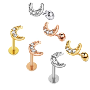 Stainless Steel Moon Cubic Zirconia Piercing Studs With Screw And Flat Back For Ear Cartilage And Lip Jewelry