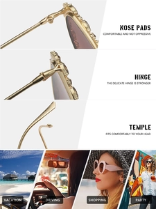 Detail of luxury gold cat-eye sunglasses with rhinestone hinges and versatile lifestyle scenes