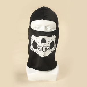 Close-up of black tactical balaclava featuring a white skull print on elastic fabric