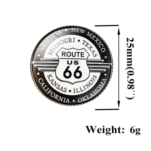Vintage Route 66 metal shield badge with US state names and 25mm diameter display