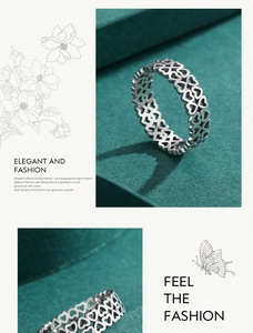 Dettaglio del motivo a cuore cavo dell'anello in argento 925 su supporto verde