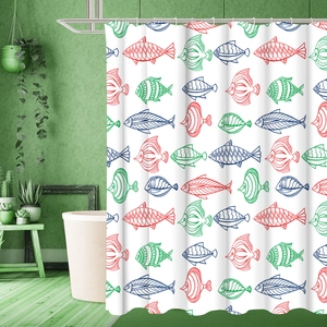 Detail of waterproof white shower curtain with colorful hand-drawn fish pattern and metal hooks