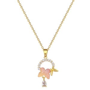 Elegant gold titanium necklace with pink butterfly pendant, pearls and sparkling crystals