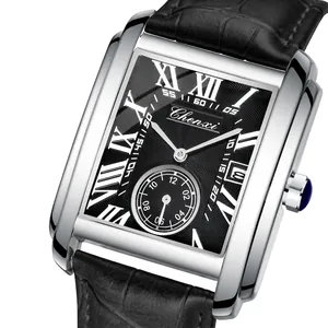 Classic men's rectangular quartz watch with silver steel case and black leather strap