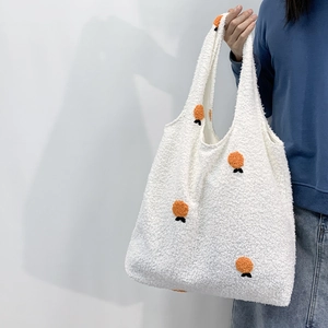 Large white fleece tote bag with orange embroidery, stylish autumn winter plush handbag