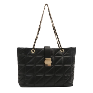 Large capacity black quilted shoulder bag with gold chain strap and geometric pattern