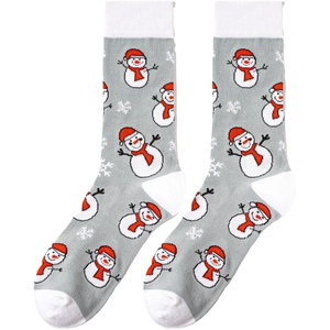 Close-up of gray knit Christmas socks with snowman patterns and white snowflake details