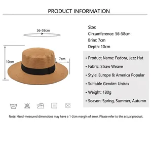 Panama straw hat with black ribbon, size 56-58cm, ideal for summer beach travel