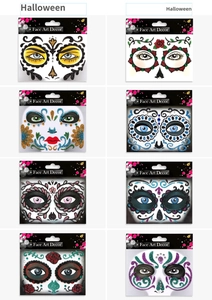 Collection of eight Halloween glitter face jewels with symmetric eye art patterns